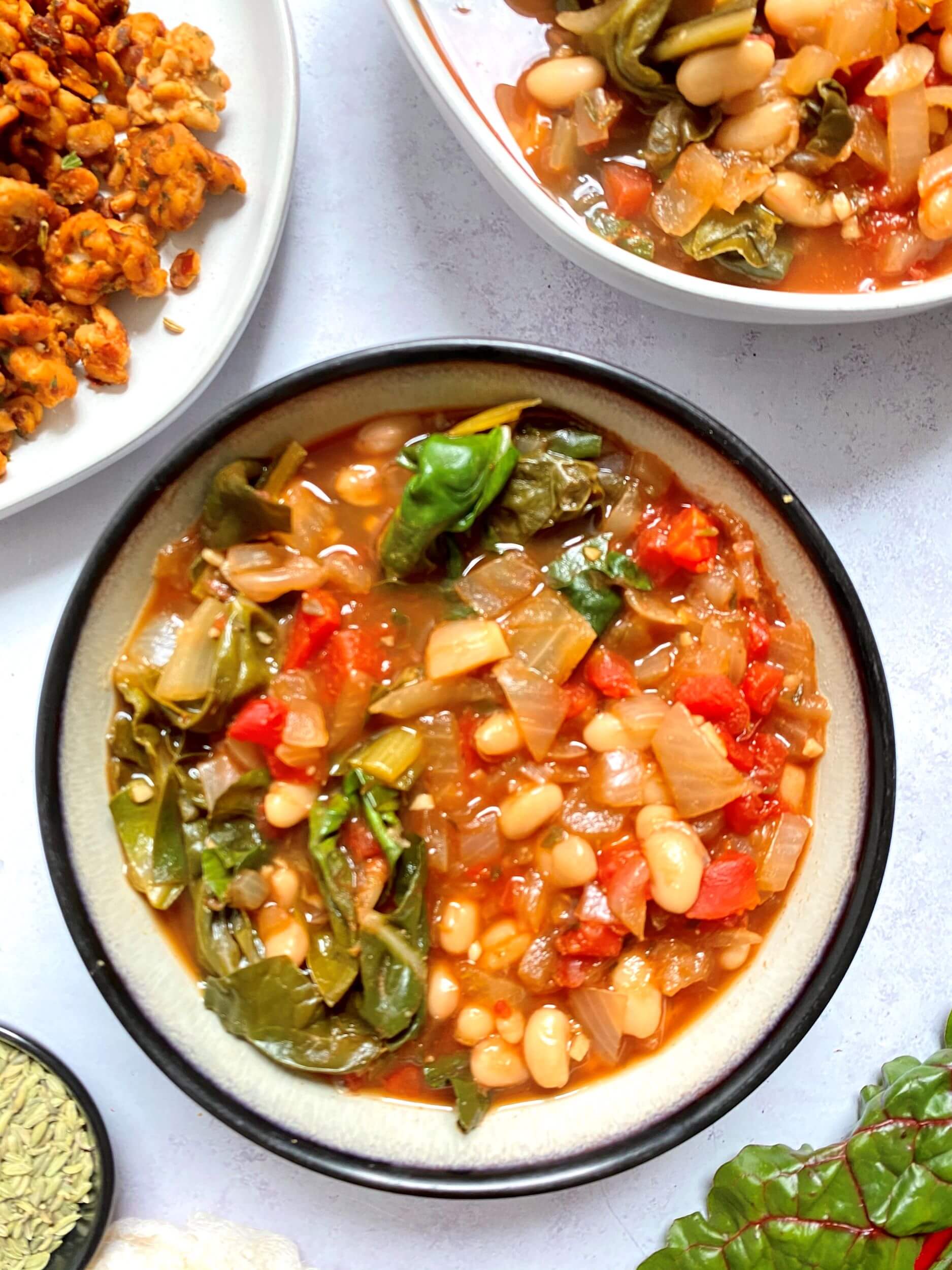 White Beans and Rainbow Chard with Italian Tempeh Sausage